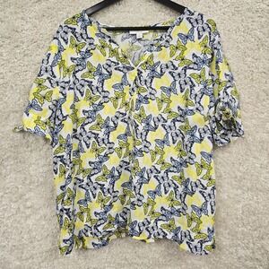 Charter Club‎ Womens Linen Blouse Size XXL Butterfly Print Cottagecore Spring